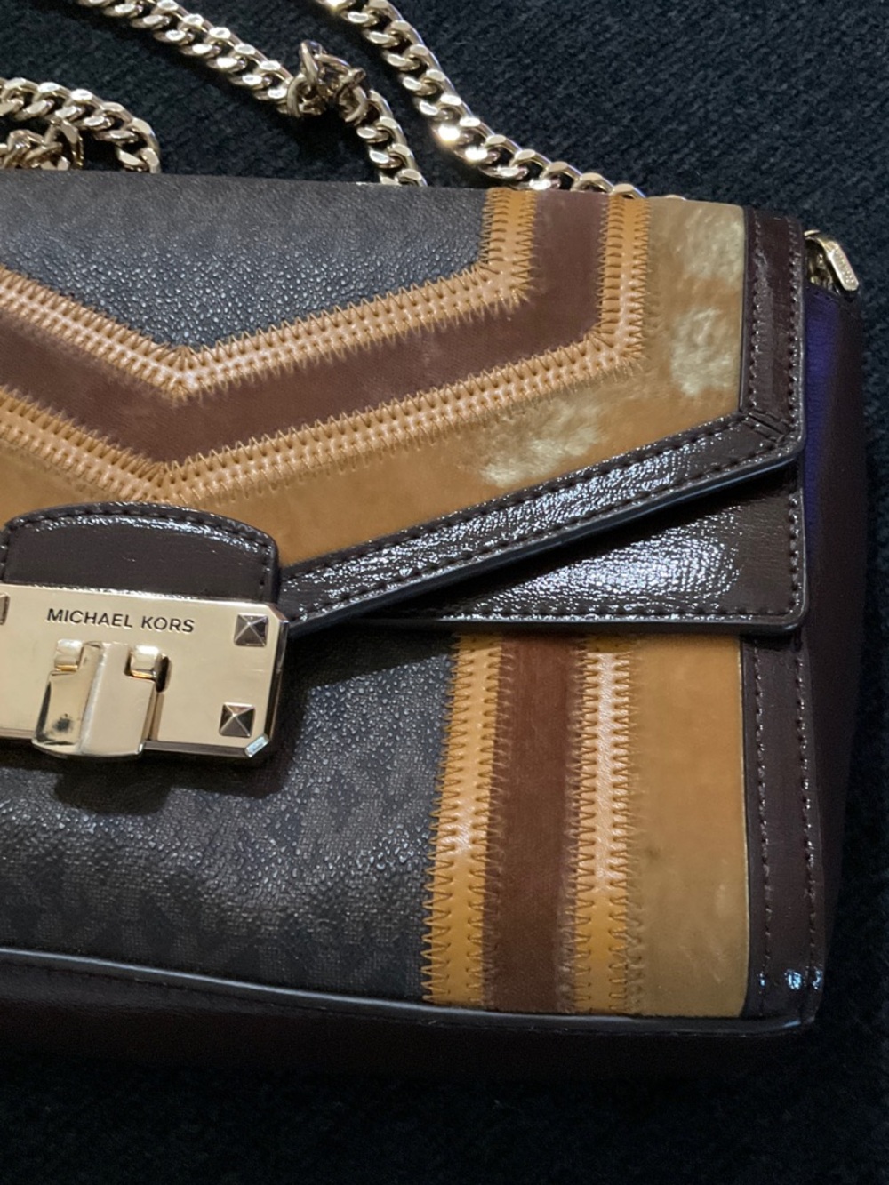 Michael Kors Brown and Mustard Striped Shoulder Bag with Gold Adjustable Chain - Picture 4 of 16
